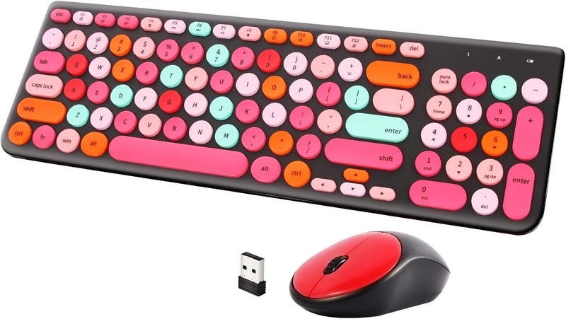 GUKJOB Wireless Keyboard and Mouse Combo, Retro Typewriter Keyboard with Round Keycaps, 2.4GHz USB Cute Wireless Keyboard Mouse for Computer, Desktop, Laptop and Computer (Black-Colorful) - Image 1